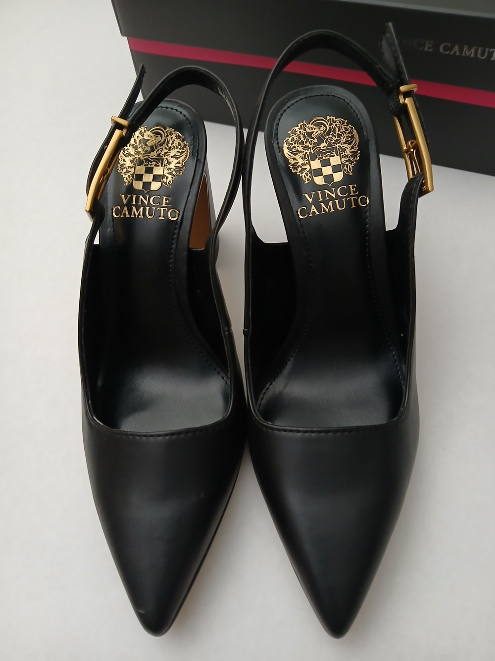 Vince Camuto Black Leather Pointed Slingback Pumps with Gold Buckles - Picture 5 of 11